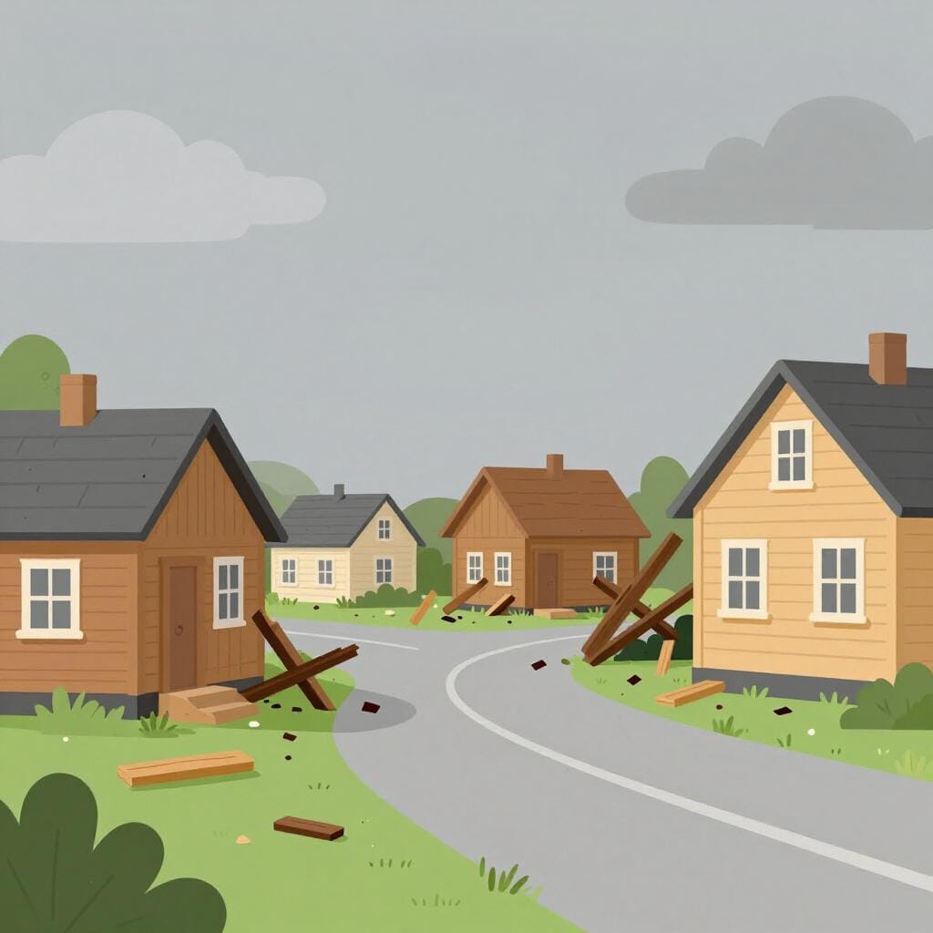 A row of several broken and toppled wooden houses after a strong storm.