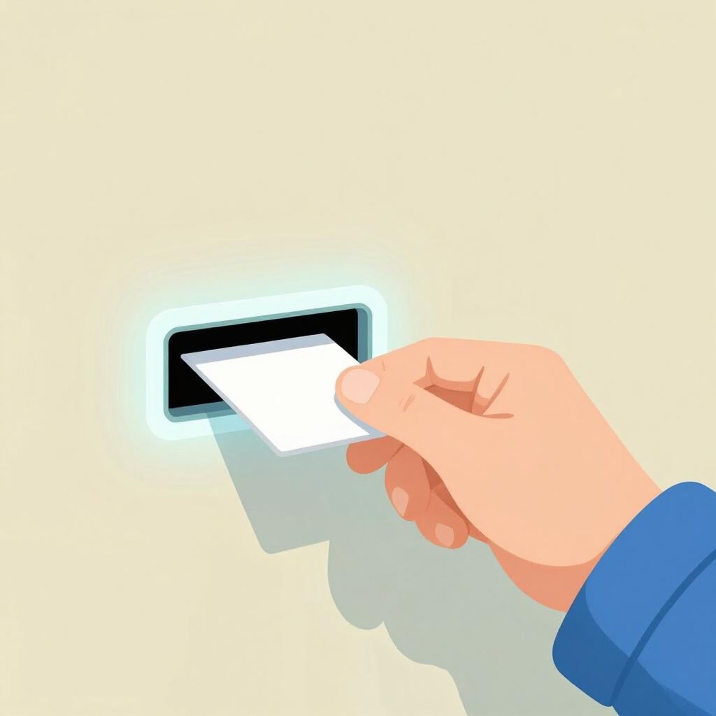 Une personne en uniforme insérant une petite carte dans une fente murale.