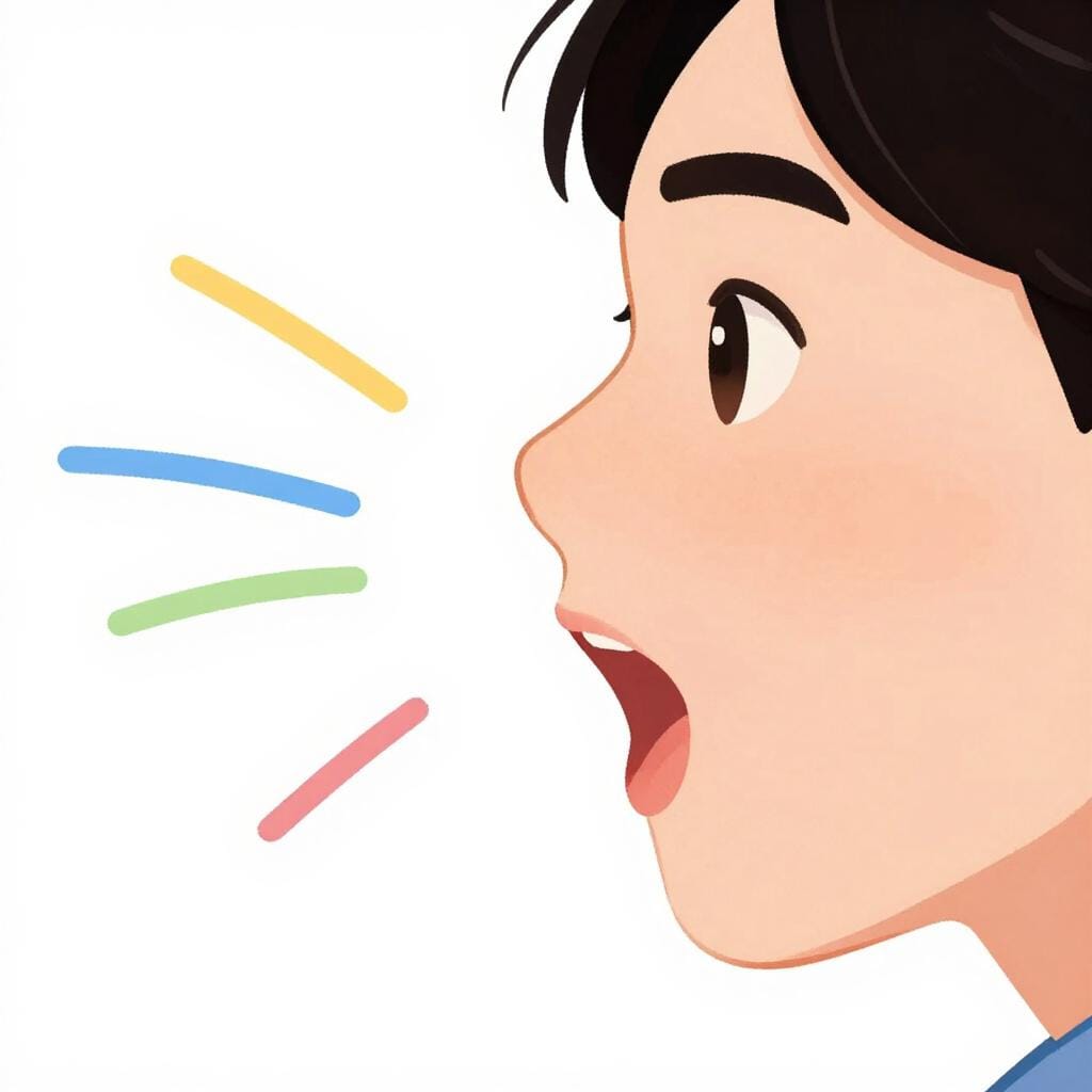 Uma pessoa com uma expressão amigável falando claramente, com linhas onduladas simples e coloridas representando o som saindo de sua boca.