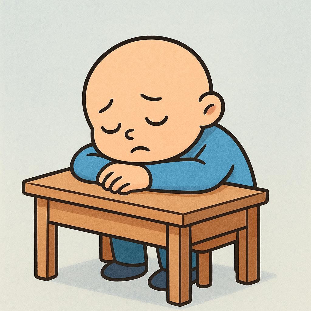 A simple cartoon figure sitting slumped over a small desk, resting their head heavily on their arms, looking utterly exhausted.