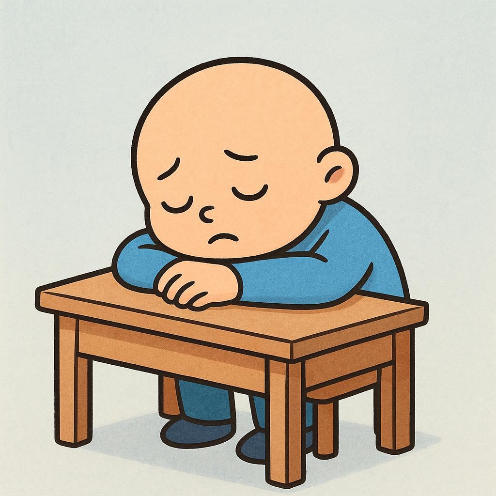 A simple cartoon figure sitting slumped over a small desk, resting their head heavily on their arms, looking utterly exhausted.