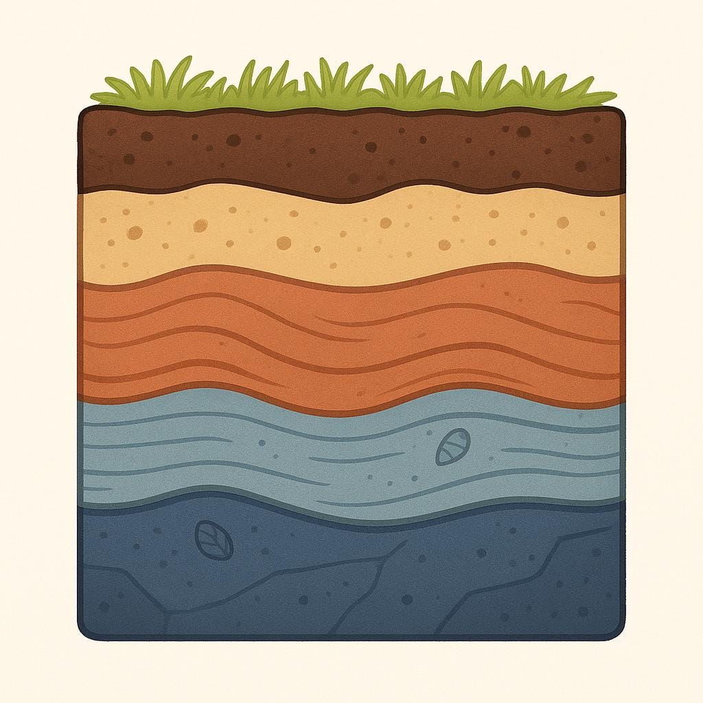 Un'illustrazione che mostra una sezione geologica con cinque distinti strati orizzontali (strati di terra e roccia), ognuno chiaramente separato.