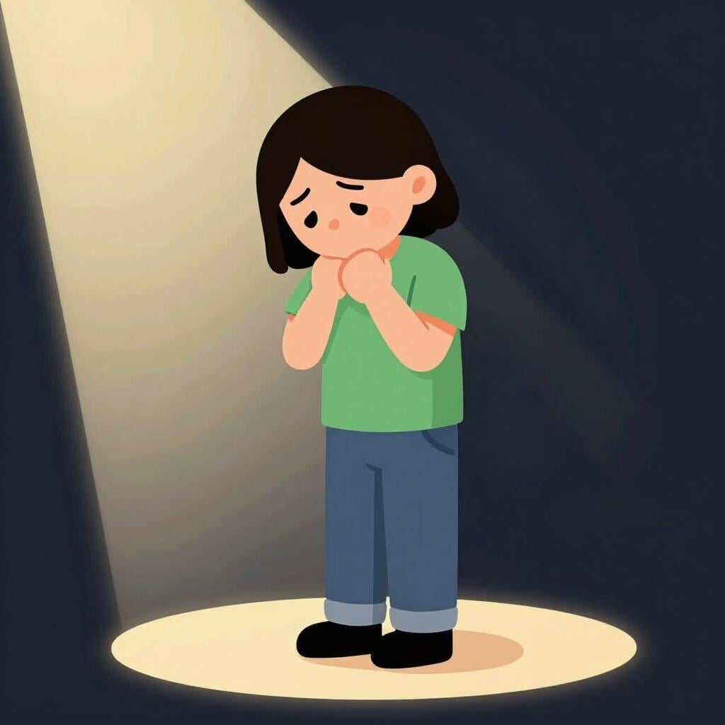 Uma pessoa em pé com a cabeça baixa e as mãos atrás das costas, parecendo envergonhada enquanto um holofote brilha sobre ela.