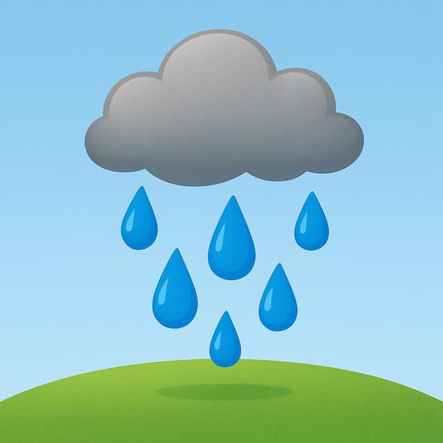 De grosses gouttes de pluie bleues tombant d'un nuage gris et duveteux au-dessus d'un champ vert.