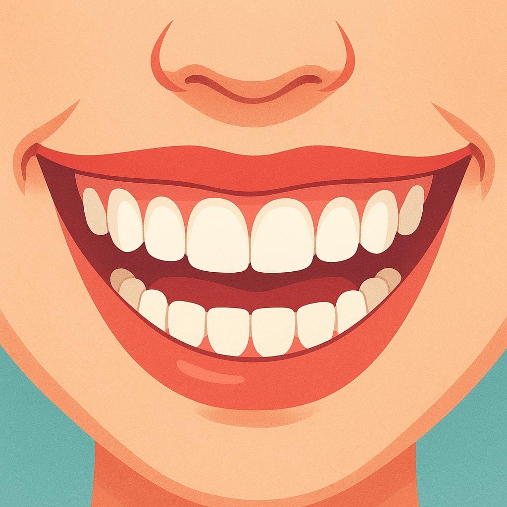 Une vue rapprochée de la bouche et du bas du visage d'une personne, montrant clairement un large sourire joyeux avec des dents blanches.