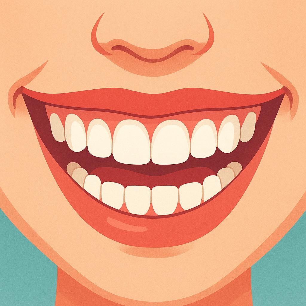 A close-up view of a person's mouth and lower face, clearly displaying a wide, cheerful smile with white teeth.