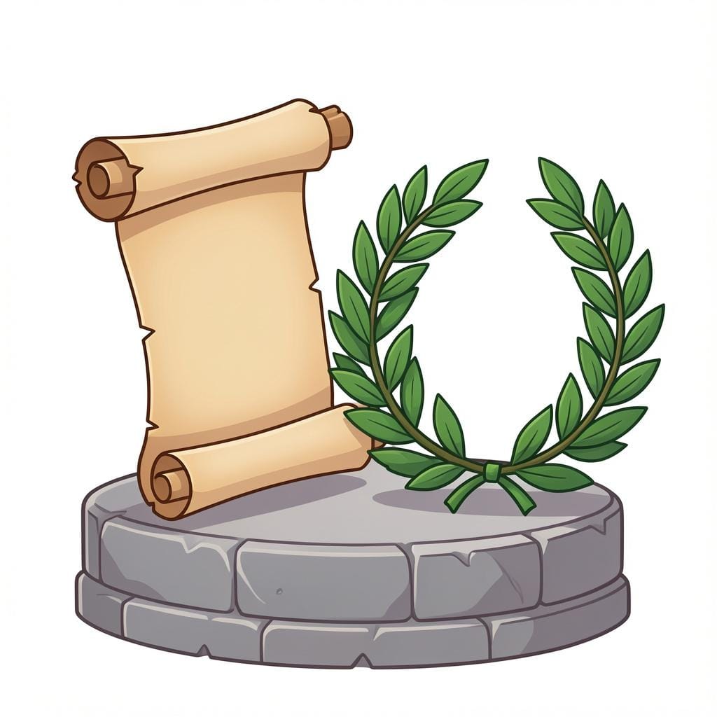 A high quality storybook illustration of an ancient Roman marble scroll and a laurel wreath.