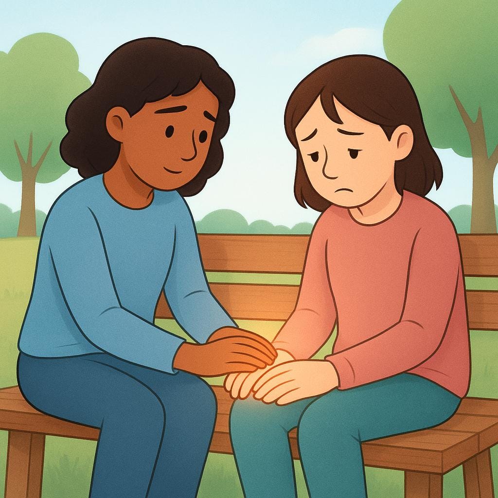 A simple illustration showing one person offering comfort to another by gently holding their hand while they sit on a bench in a warm setting.