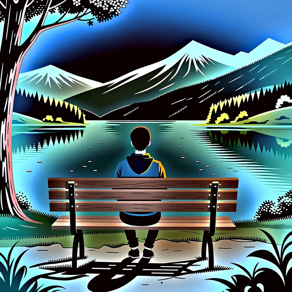 A single person sitting on a park bench looking out over a calm lake, appearing peaceful and by themself.