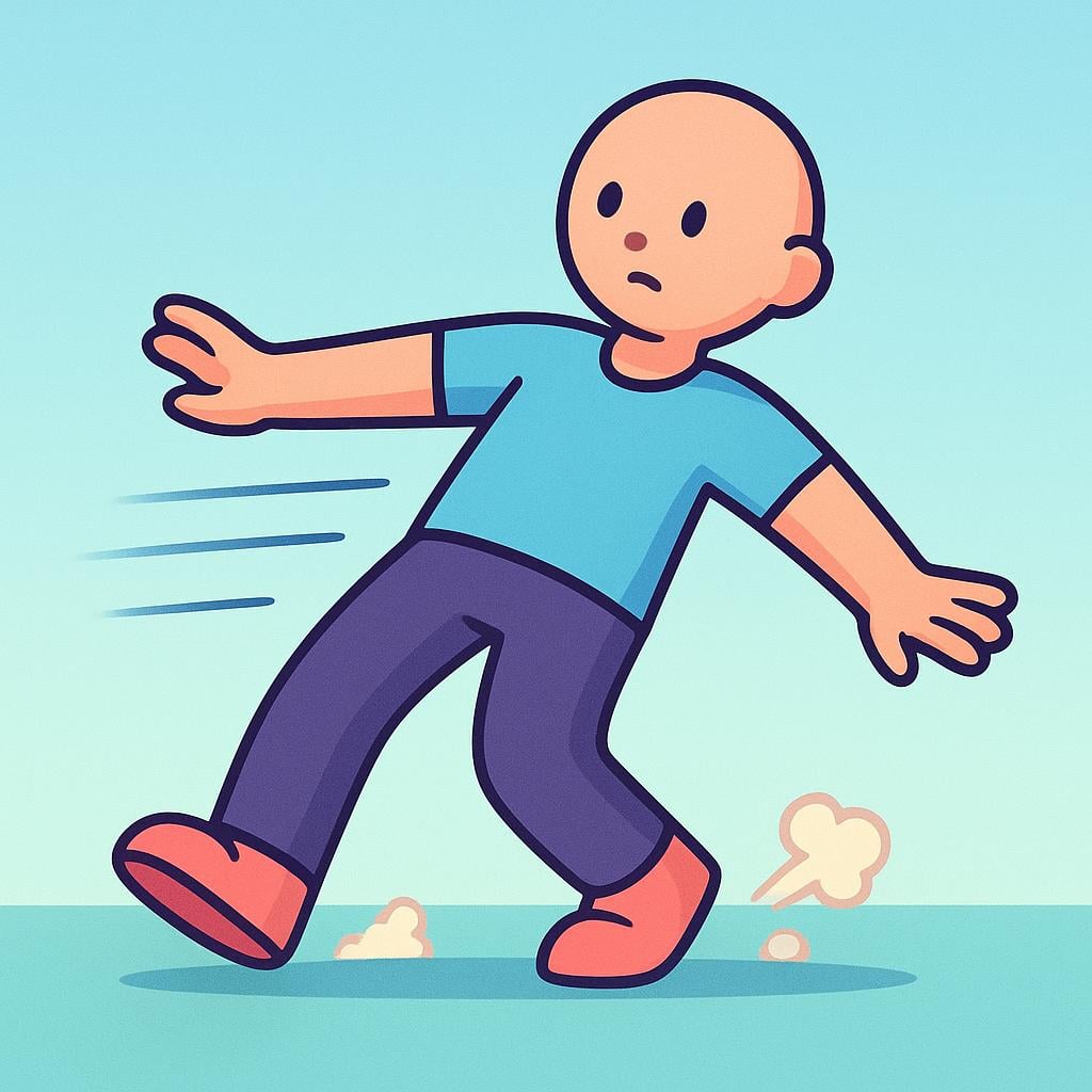 A cartoon figure running quickly who has suddenly stopped, leaning back slightly with feet planted firmly on the ground, showing a clear halt in physical movement.