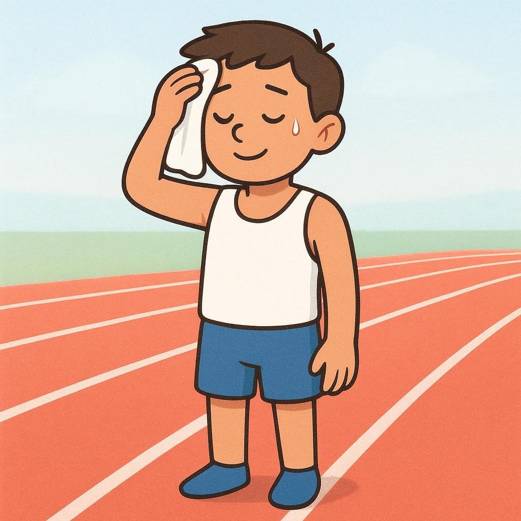 Un corridore in tenuta atletica fermo su una pista rossa, che si asciuga la fronte con un piccolo asciugamano, indicando che ha appena finito di correre.