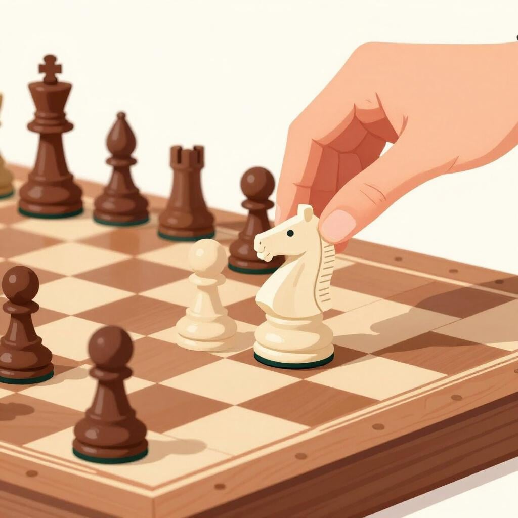 Ein hölzernes Schachbrett mit einer einzelnen Hand, die einen weißen Springer bewegt, um einen schwarzen König zu schachmatt zu setzen.