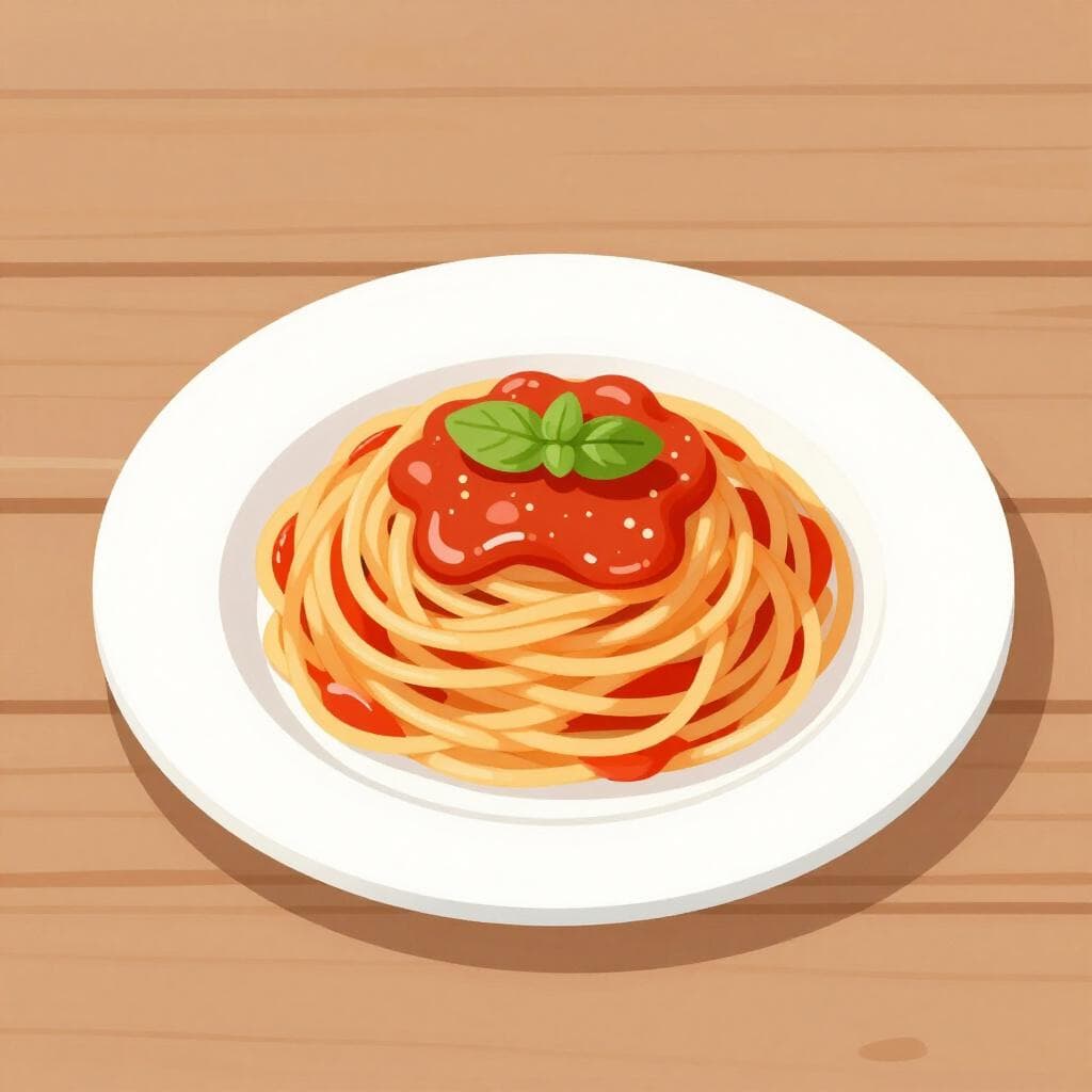 A single ceramic plate with a neat portion of pasta and a sprig of basil on top.