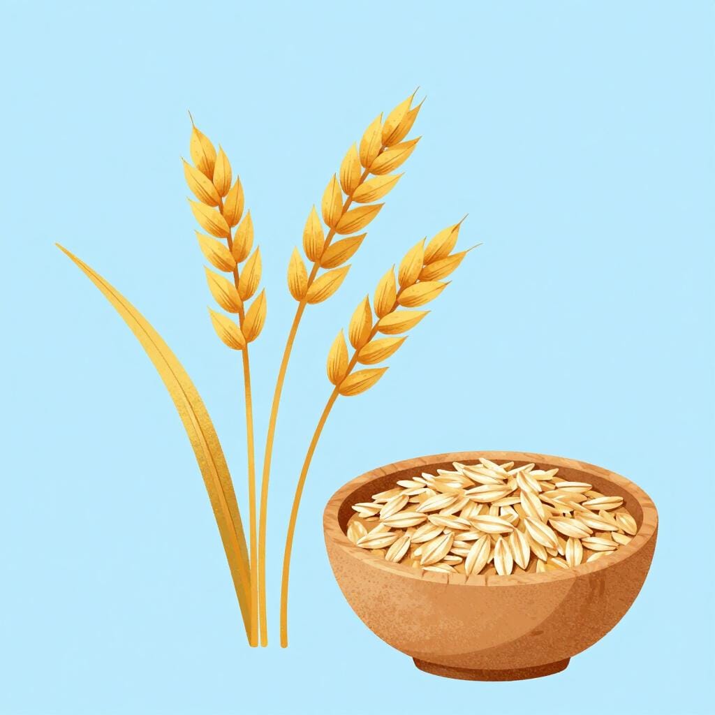 A close-up illustration of golden stalks of oat plants and a small bowl of dry oat grains.