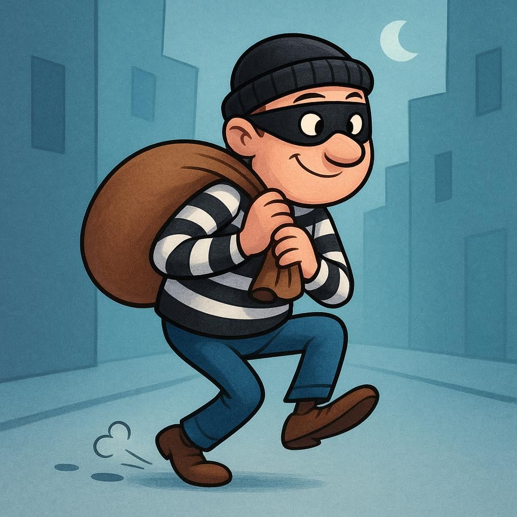 A cartoon illustration of a shifty-eyed man in a dark mask and striped shirt, sneaking away while holding a large sack of stolen goods.