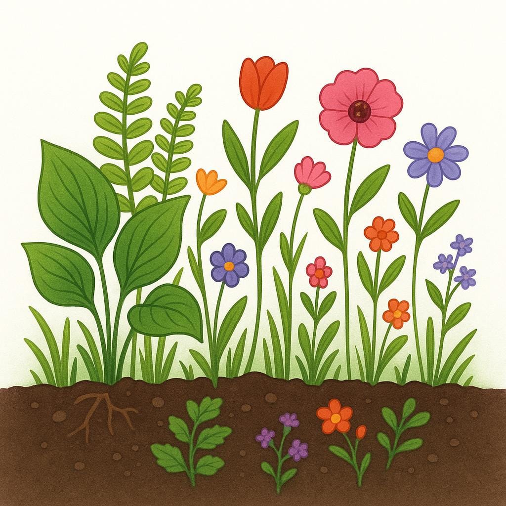 A close-up illustration of several healthy green plants and bright flowers growing out of the brown earth.