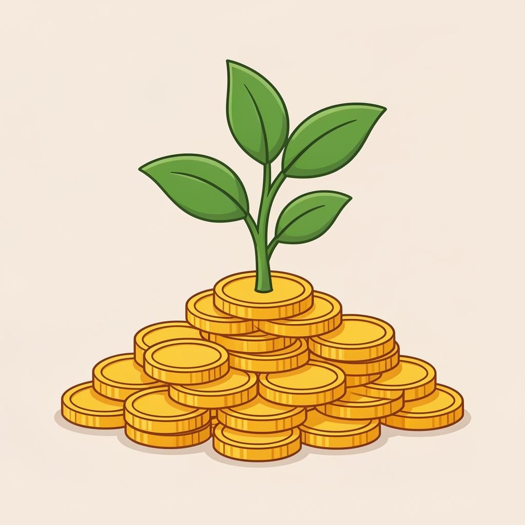A small green sapling growing out of a pile of gold coins.