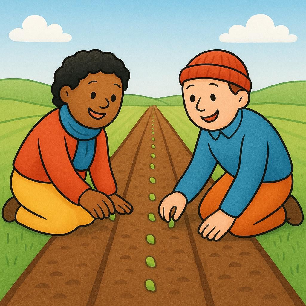 Two figures planting seeds along a long, continuous furrow, symbolizing an activity that 'we have been' doing for a duration.