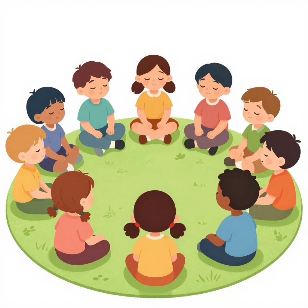 A group of energetic children sitting down on a soft rug and taking a deep breath together to relax.