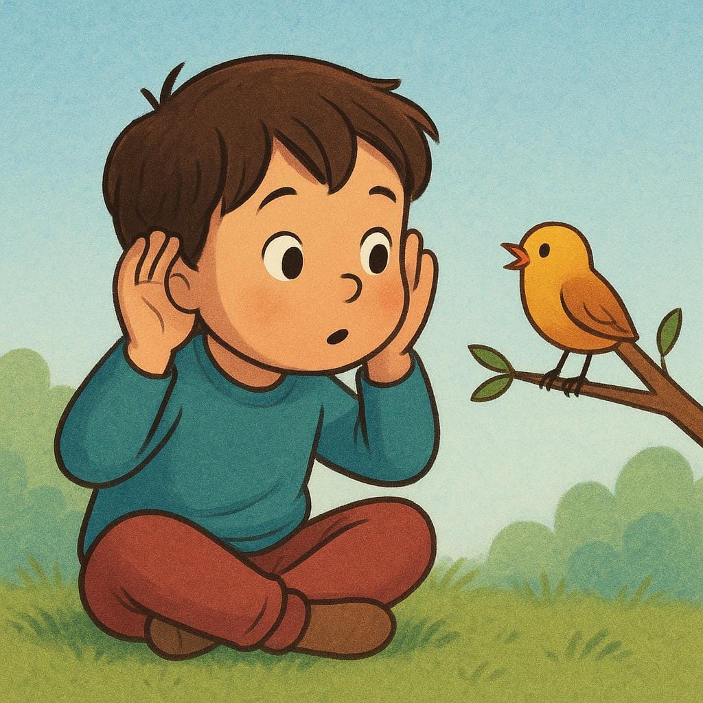 A colorful illustration of a child paying close attention, intently listening to a small bird chirping on a branch nearby.