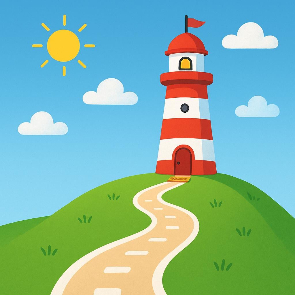 A winding path clearly leading towards a bright, welcoming lighthouse on a distant hill, symbolizing the final stop of a journey.