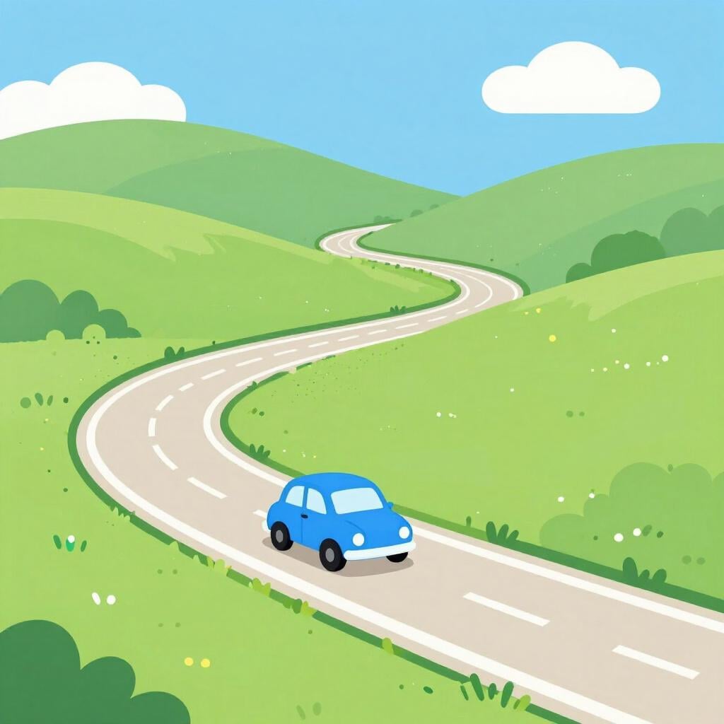 Um pequeno carro azul a conduzir numa estrada sinuosa através de colinas verdes sob um céu soalheiro.