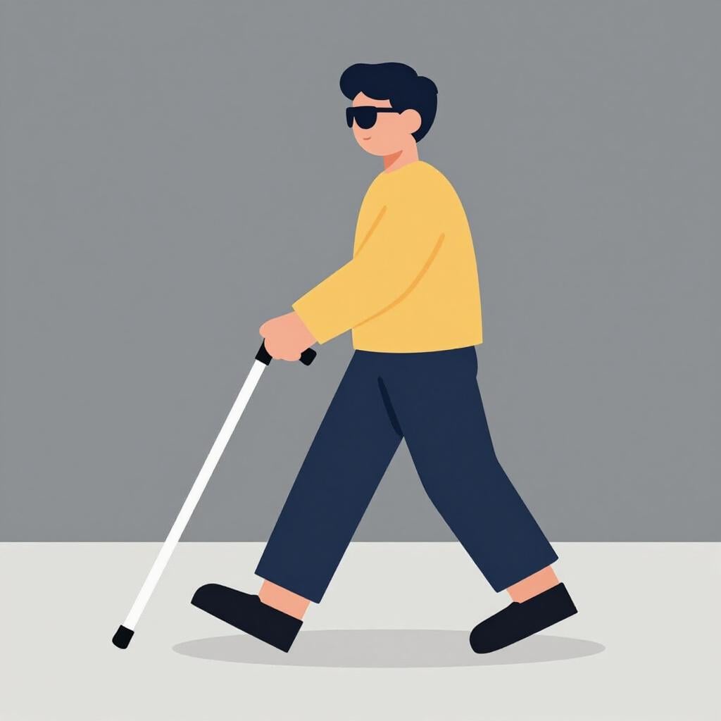 A person walking with a white cane and wearing dark glasses.