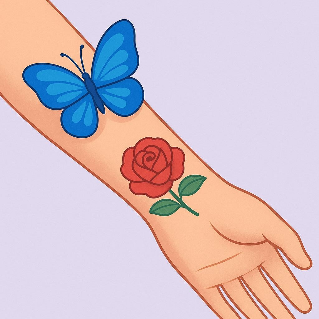 A person's forearm featuring colorful permanent ink designs of a blue butterfly and a red flower.