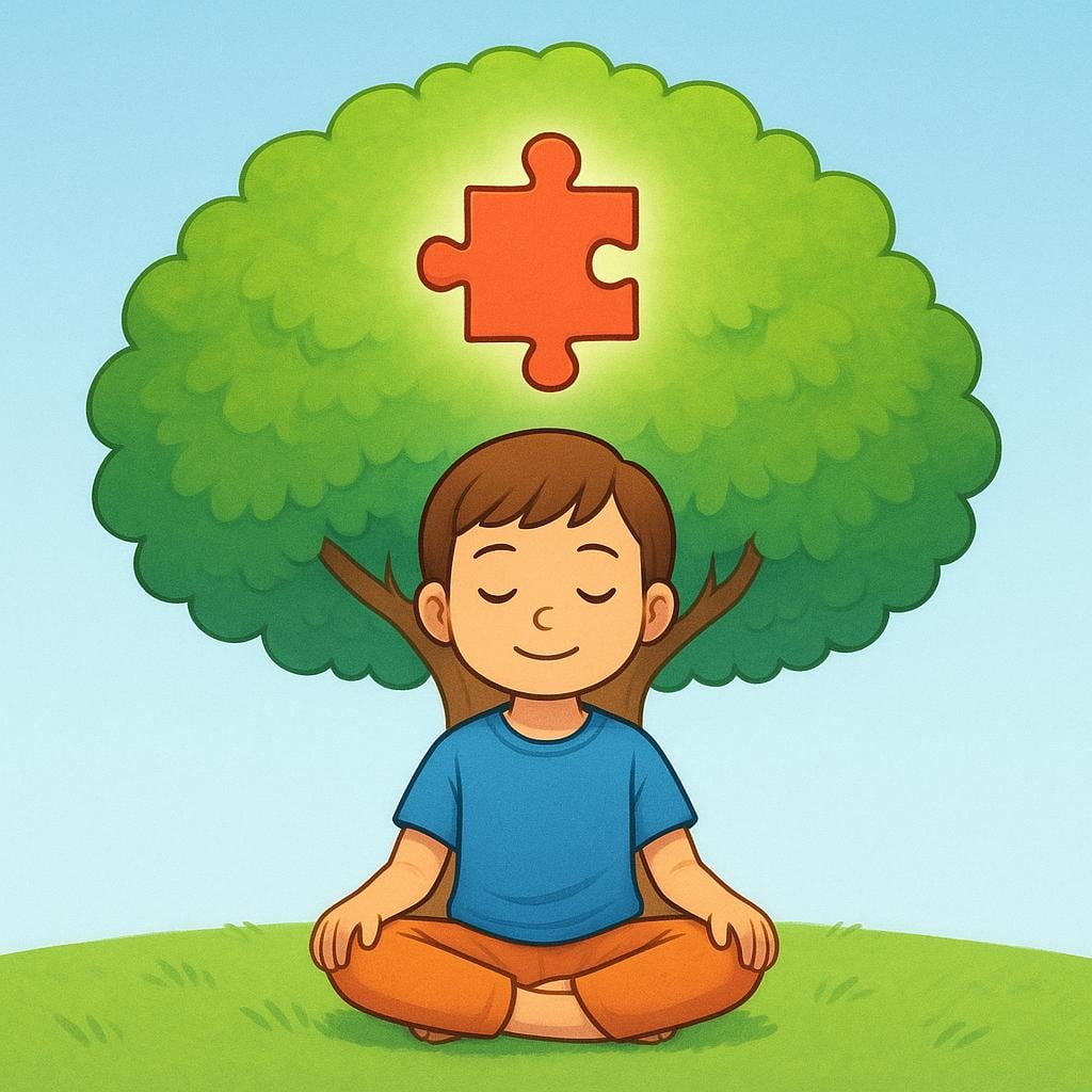 A child sitting cross-legged under a tree, looking calm and resolved. A large, colorful, fully assembled jigsaw puzzle piece floats above their head, symbolizing a completed thought.