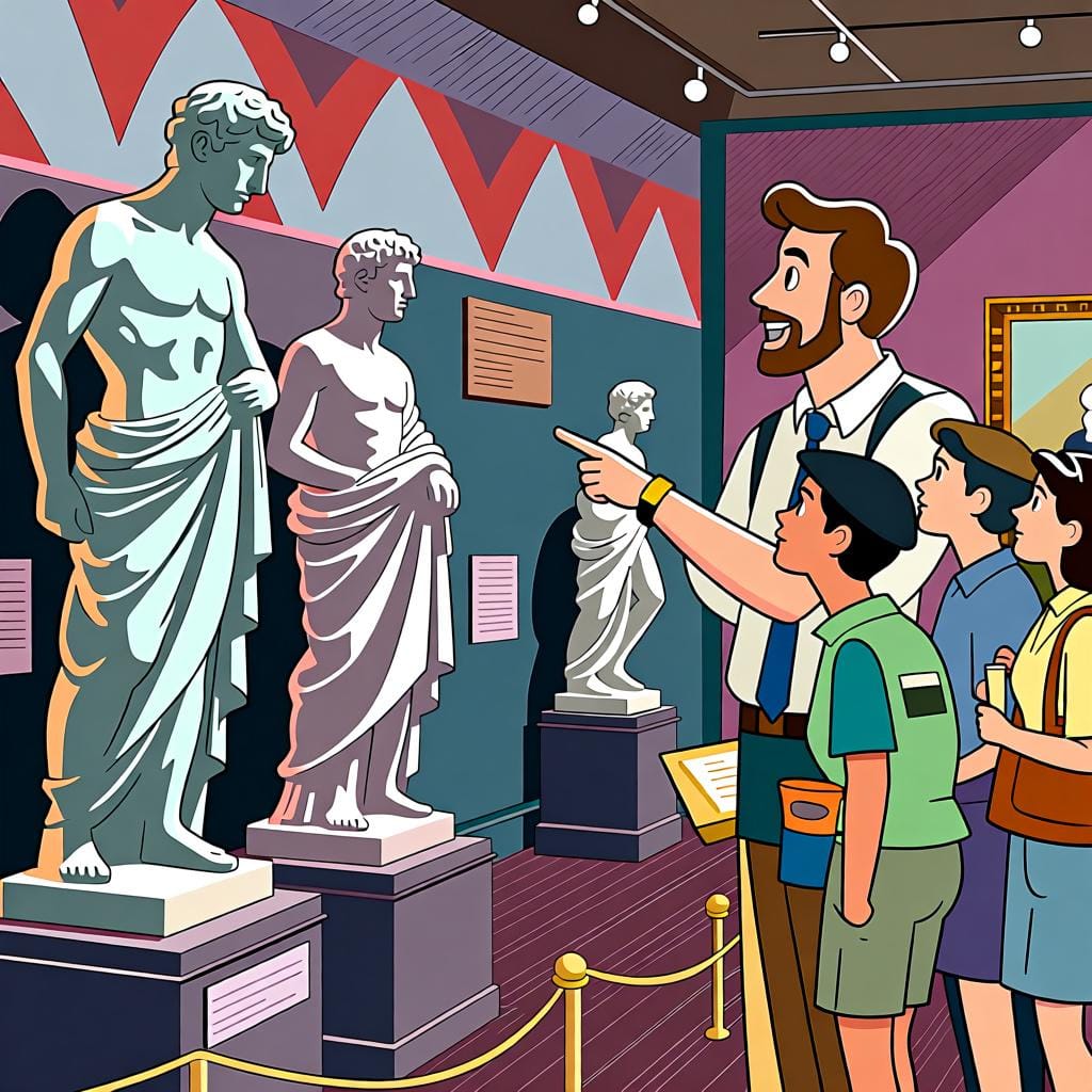 A tour guide pointing at two male statues in a museum, illustrating the act of directly seeing 'them'.