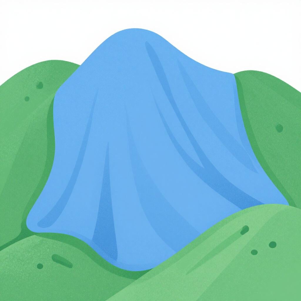 Eine große, bunte Karte einer Bergkette, die von einem weichen, durchscheinenden blauen Tuch bedeckt wird.