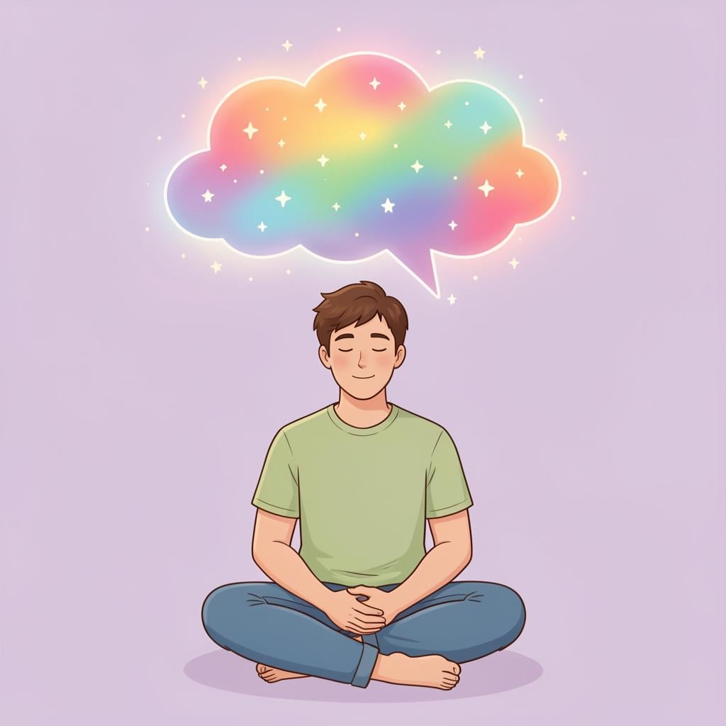 A simple storybook illustration of a person sitting peacefully with a glowing, colorful light emanating from their head, representing thoughts and the mind.