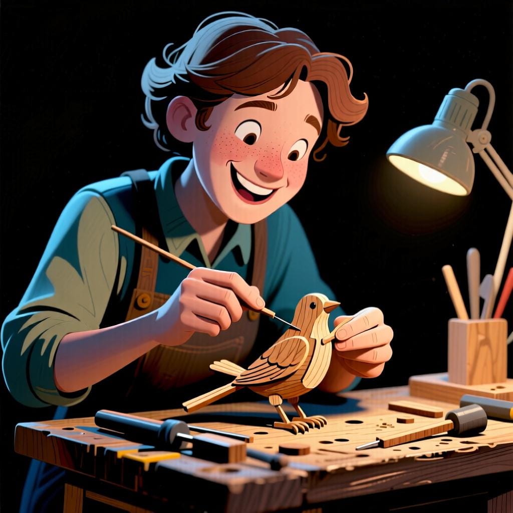 A person carefully crafting a small wooden bird at a workbench, representing the meaning 'to make' or 'to do'.