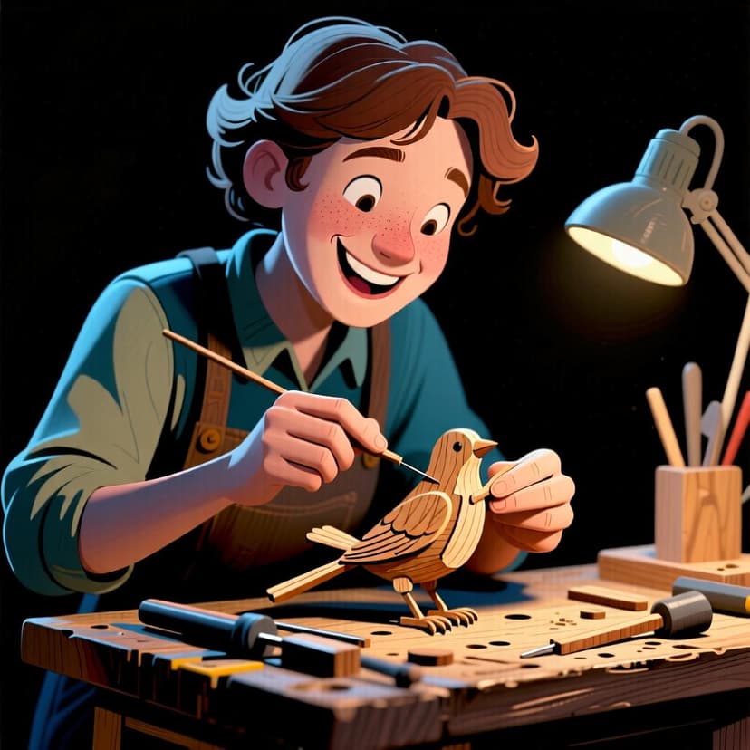 A person carefully crafting a small wooden bird at a workbench, representing the meaning 'to make' or 'to do'.