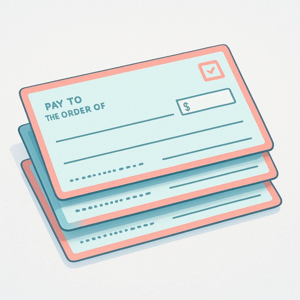 A small stack of three white paper checks, slightly fanned out, secured by a thin blue band.