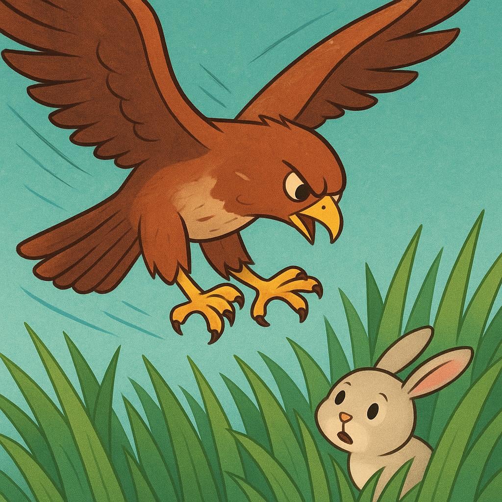 A brightly colored storybook illustration showing a stylized hawk diving aggressively from the sky with its talons outstretched towards a small rabbit hiding near a bush, depicting the action of attacking.