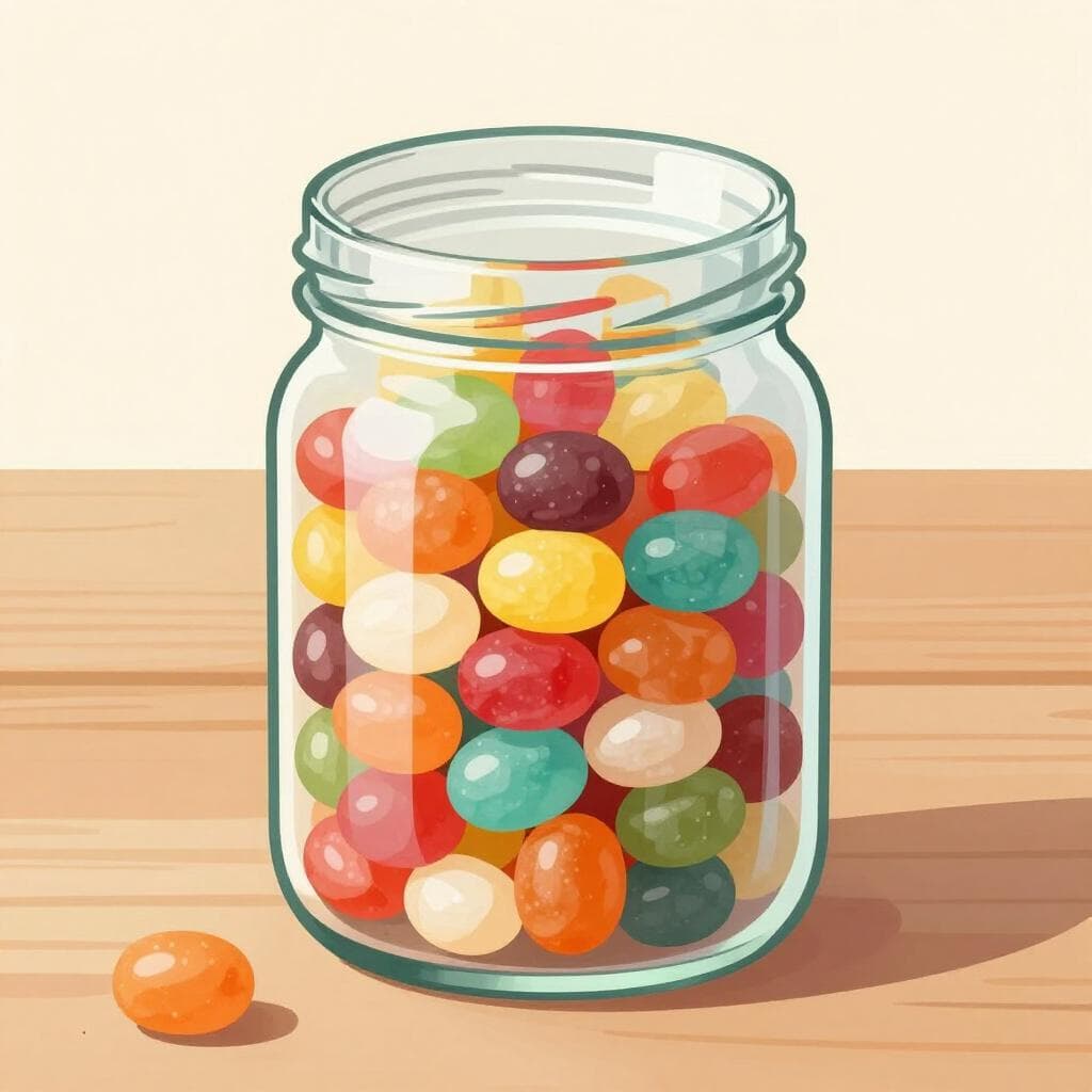 A wooden jar filled with colorful jellybeans on a clean white table.