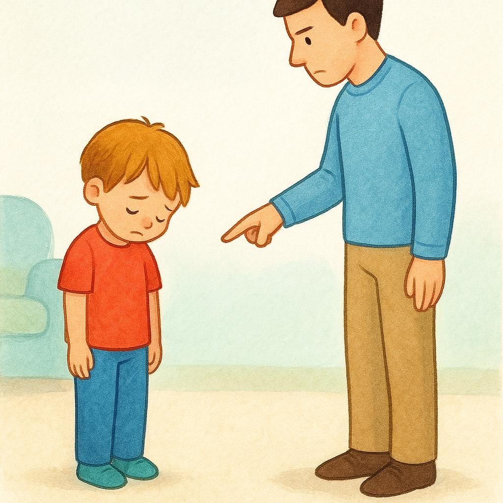 An illustration showing an adult figure sternly pointing a finger while a sad child stands looking down, representing a scolding.