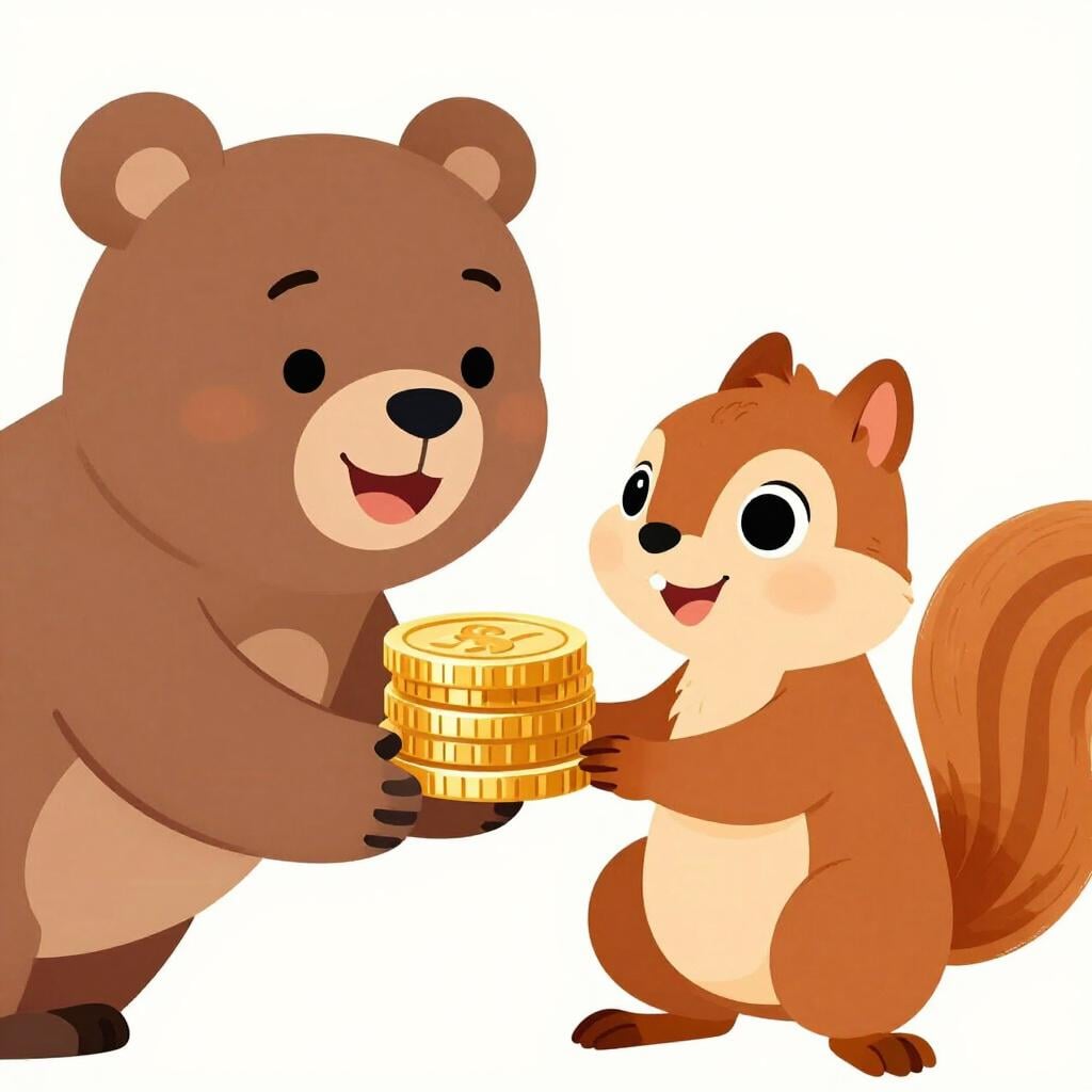 A large bear character handing three shiny gold coins to a smaller squirrel character, illustrating the act of owing and repaying money.