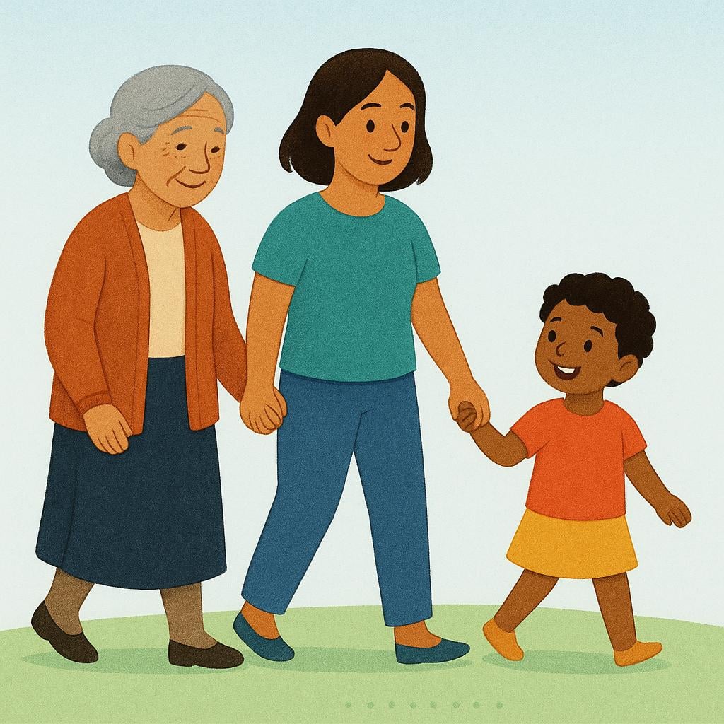 A high quality simple colorful storybook illustration showing three figures representing different generations: an elderly grandmother, a middle-aged mother, and a young child, standing side-by-side and smiling.
