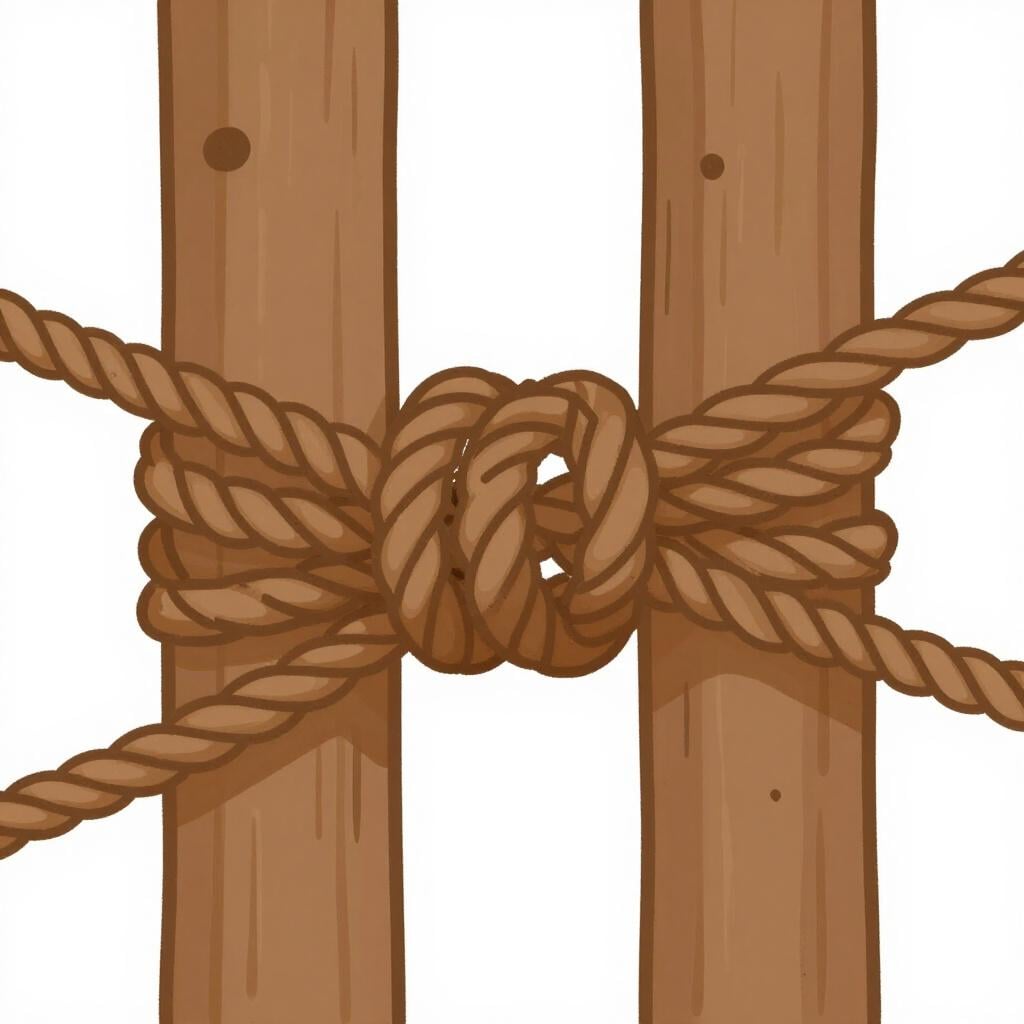 太い茶色のロープが2本の木の棒をしっかりと結びつけている。