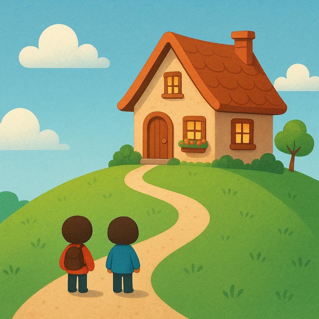 Two small cartoon figures standing happily on a hilltop, having reached a cozy house at the end of a long, winding path.