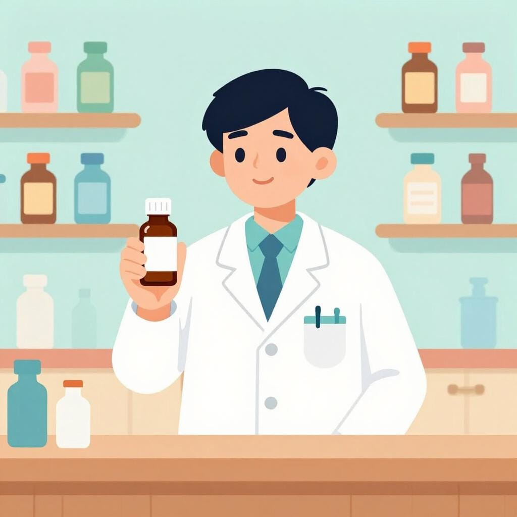 A friendly pharmacist in a white coat holding a bottle of medicine in a clean, organized pharmacy.