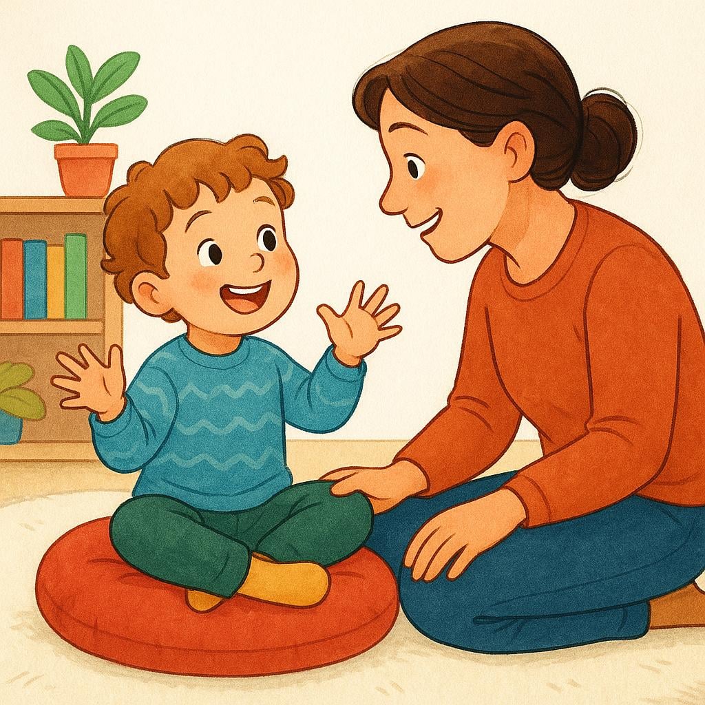 A storybook illustration showing a child sitting comfortably and actively telling a vivid story to a friendly adult who is listening intently.