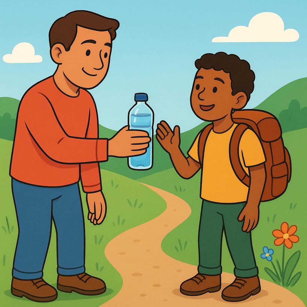 An adult handing a full bottle of water to a young person wearing hiking boots and a backpack, symbolizing a recommended item for a journey.