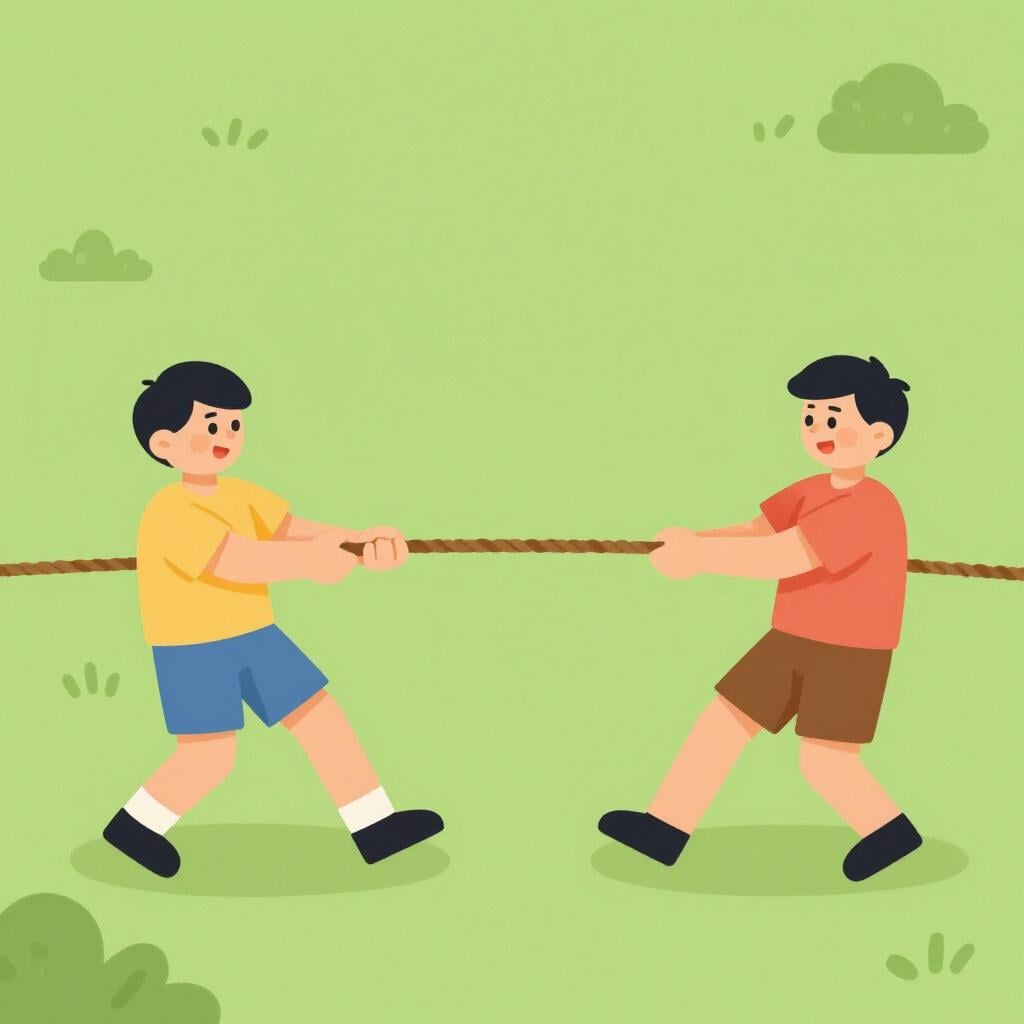 Two people engaged in a tug-of-war with a thick rope, pulling in opposite directions.