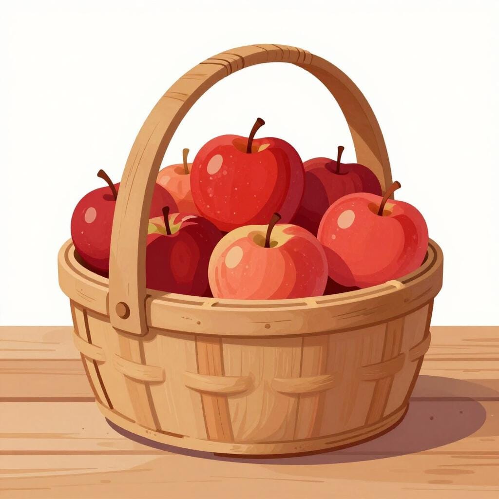 Un piccolo cesto di legno traboccante di mele rosse mature.