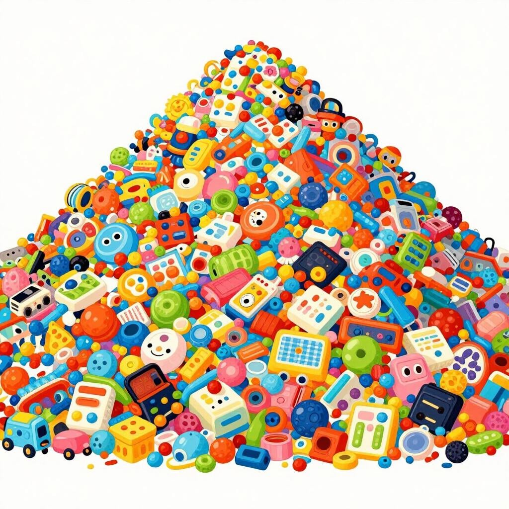 A giant, overflowing pile of colorful assorted toys like balls and teddy bears.