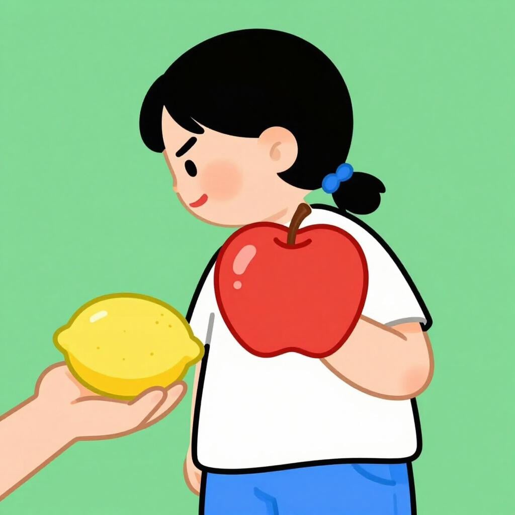 Una persona che tiene una mela rossa brillante dietro la schiena mentre offre un limone aspro con un sorriso finto.