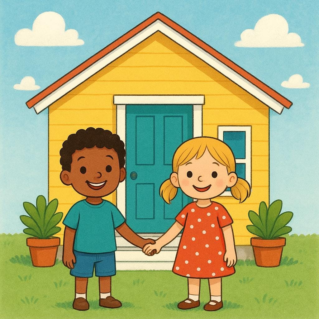 Two smiling children stand happily at the front door of a bright yellow house, having just arrived home.